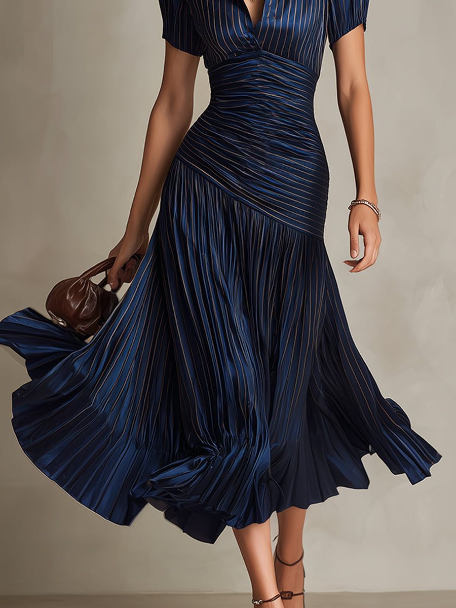 Women’s Satin Pleated Midi Dress Elegant Navy Bodycon Fit
