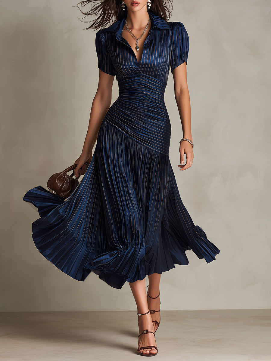 Women’s Satin Pleated Midi Dress Elegant Navy Bodycon Fit