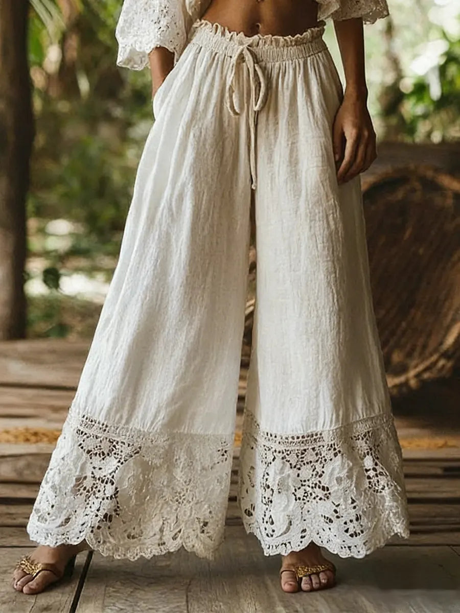 Women’s Linen Wide Leg Pants Drawstring Waist Lace Hem Comfort