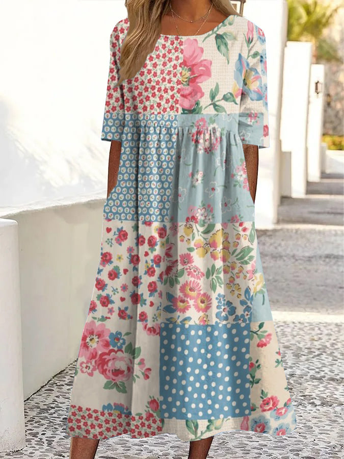 Patchwork Floral Midi Dress with Pockets Loose Fit Lightweight Summer Style