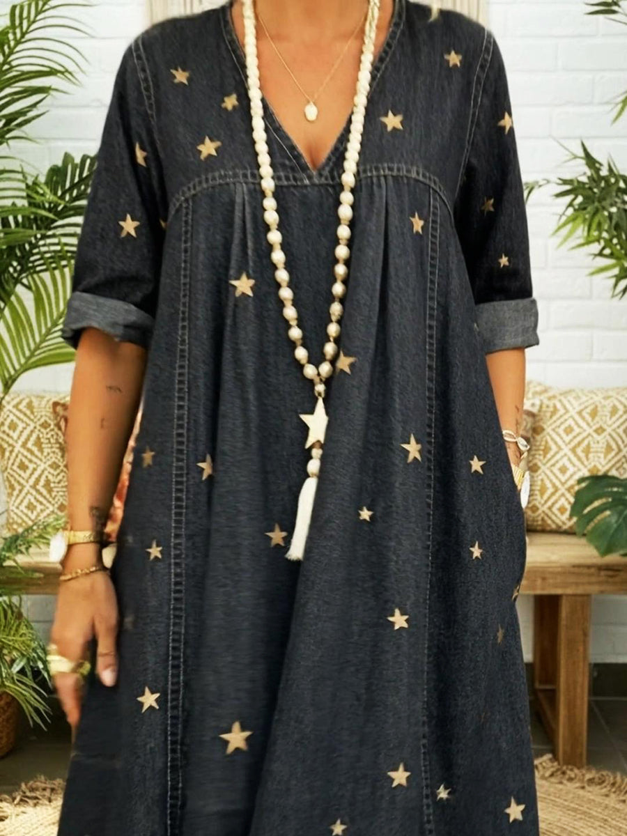 Women’s Star Print Denim Maxi Dress V Neck Relaxed Fit With Pockets