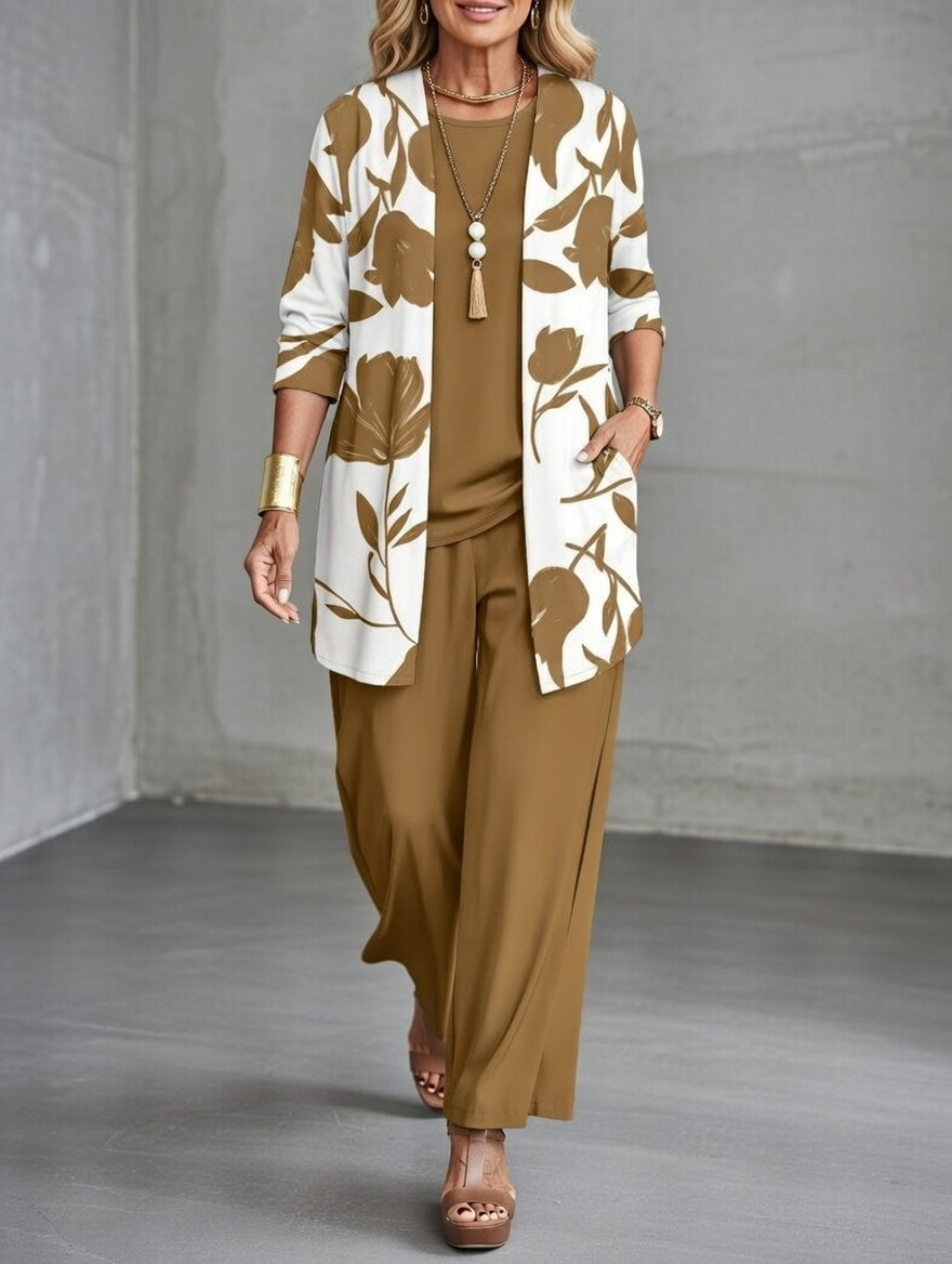 Women’s Floral Cardigan Set Soft Fabric Wide Leg Pants Elegant Fit