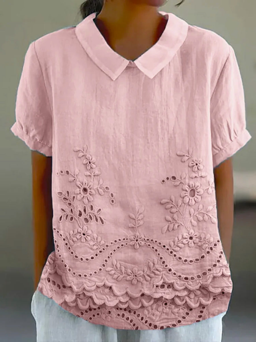 Linen Blend Embroidered Blouse Lightweight Relaxed Fit