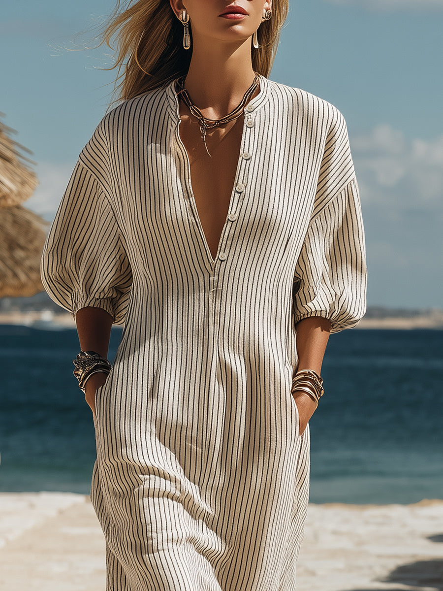 Striped Midi Dress with Button Front and Relaxed Fit