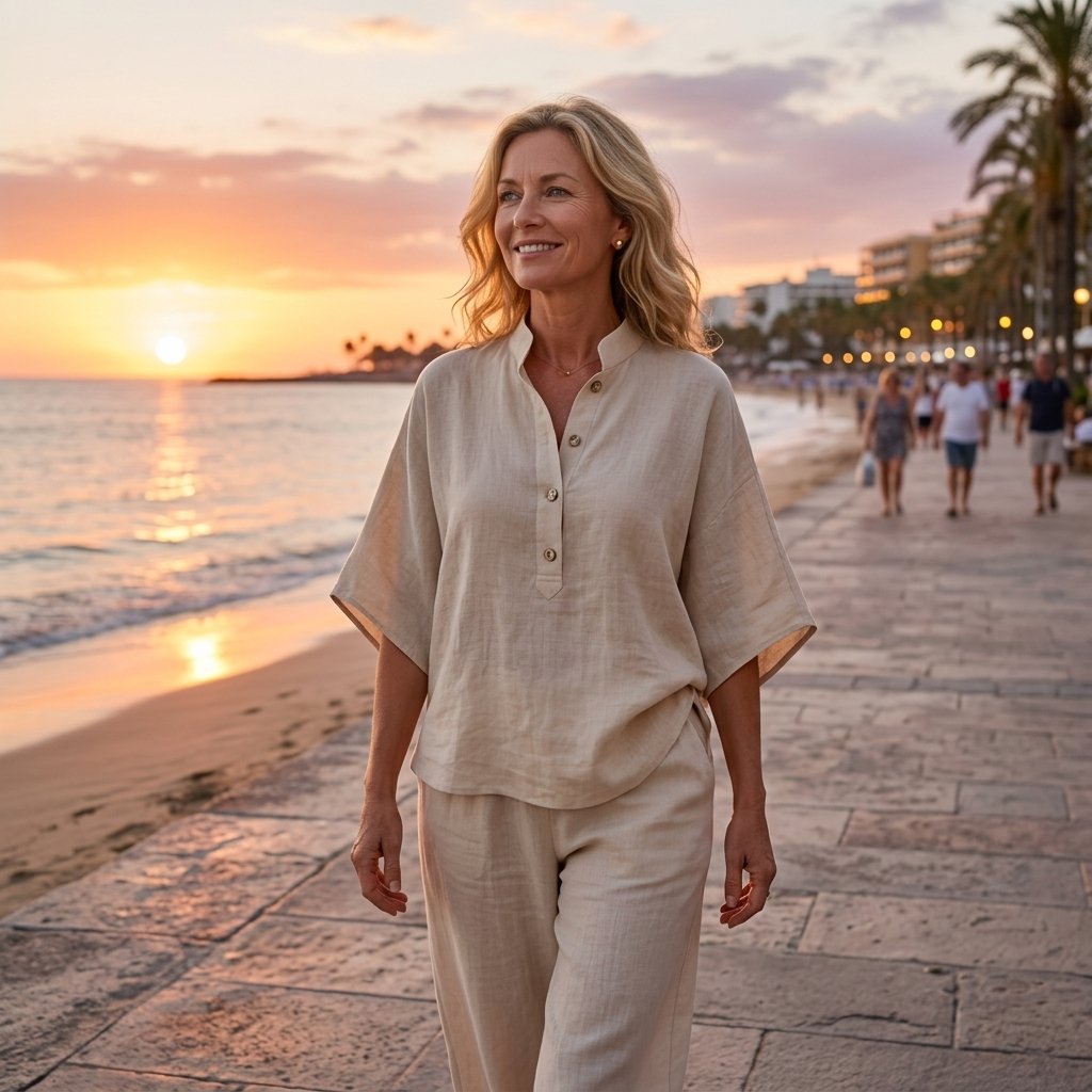 Cotton Linen Two Piece Set with Button Top and Loose Pants