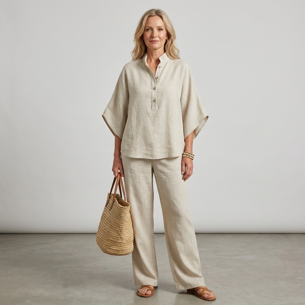 Cotton Linen Two Piece Set with Button Top and Loose Pants