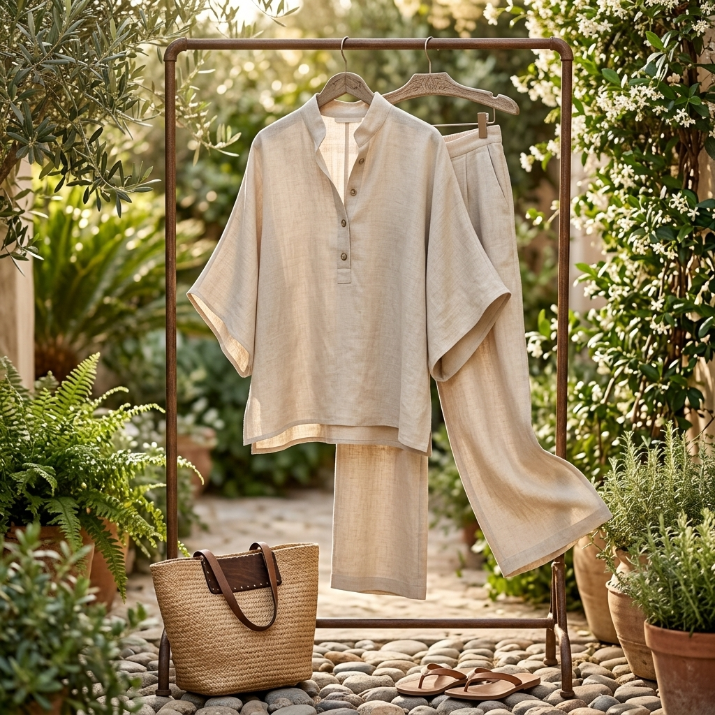 Cotton Linen Two Piece Set with Button Top and Loose Pants