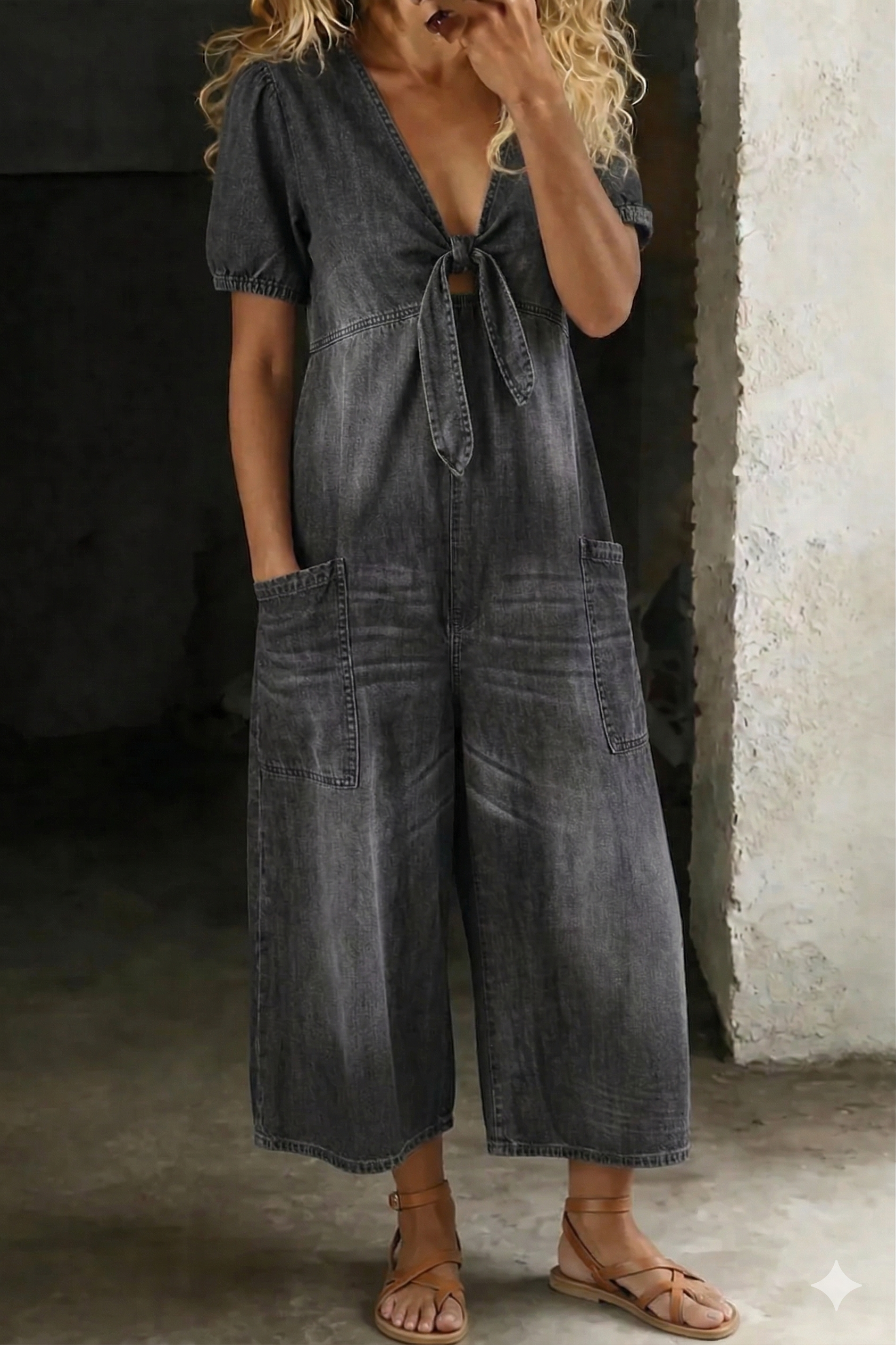 Denim Jumpsuit with Relaxed Fit and Functional Pocket Design
