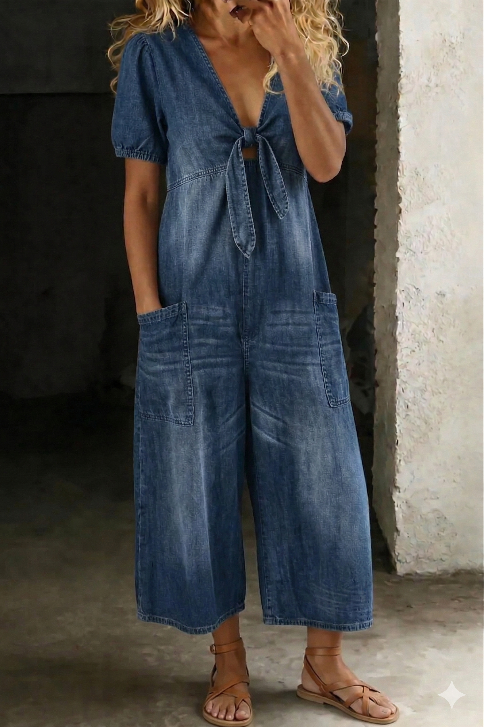 Denim Jumpsuit with Relaxed Fit and Functional Pocket Design