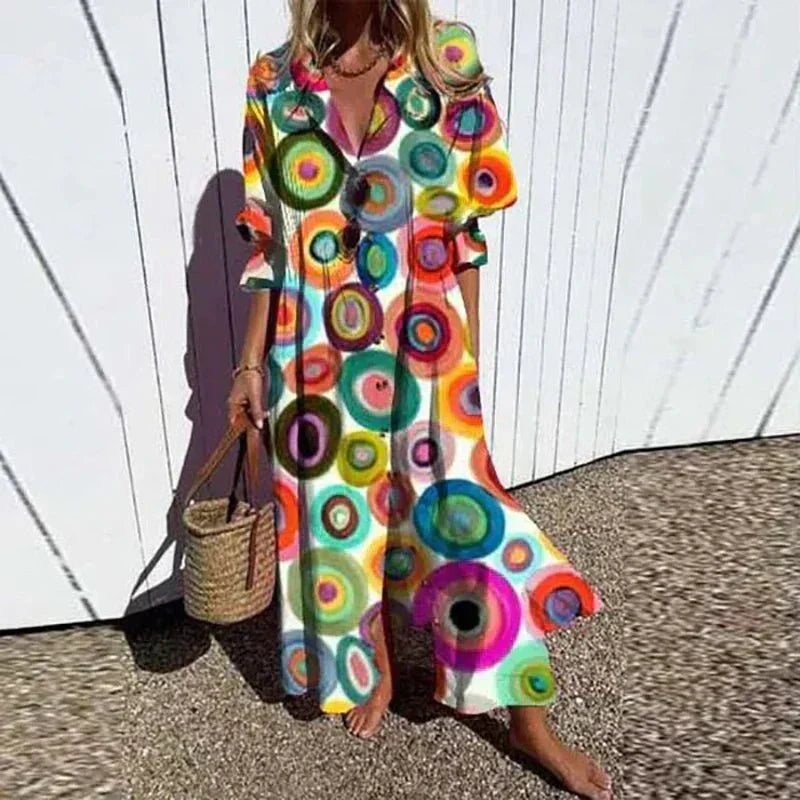 Boho Maxi Dress with Button Front and Lightweight Relaxed Fit