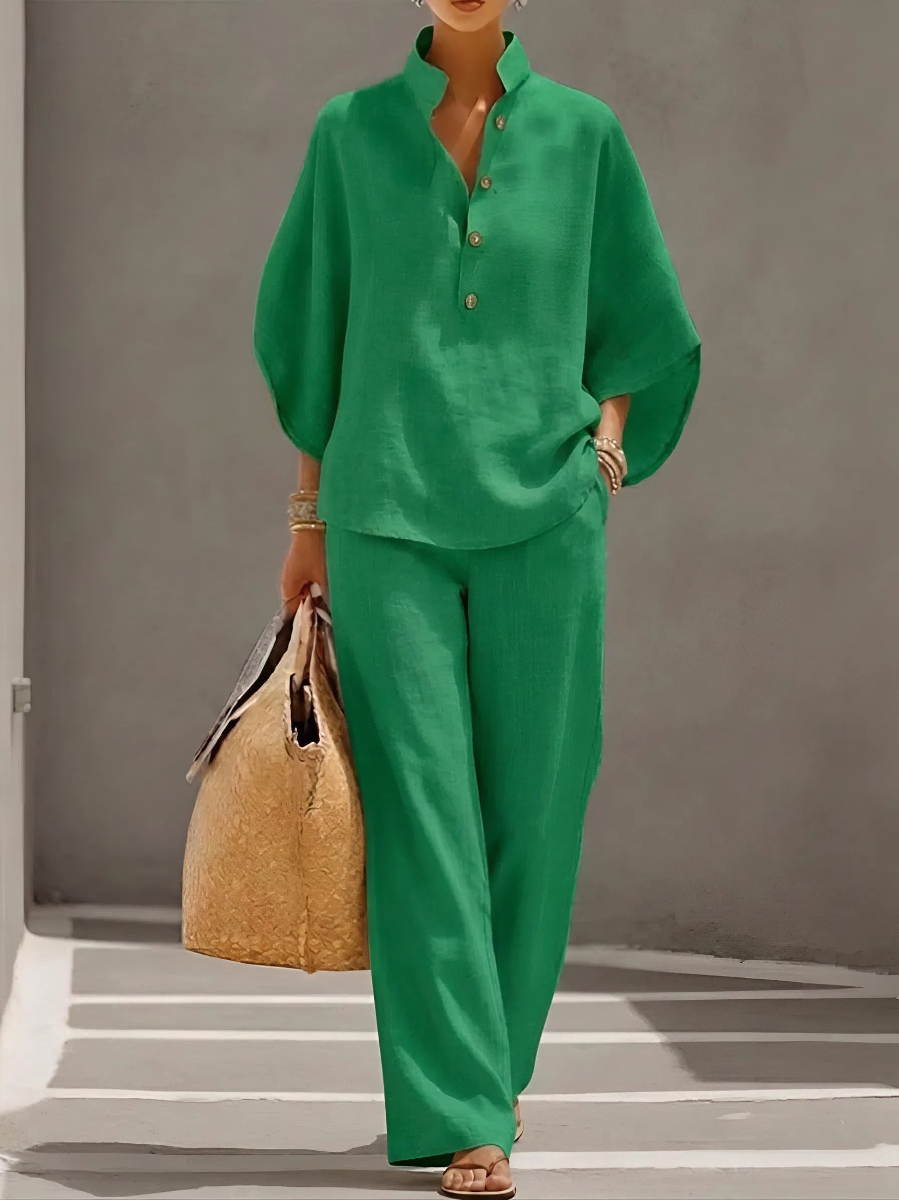 Cotton Linen Two Piece Set with Button Top and Loose Pants