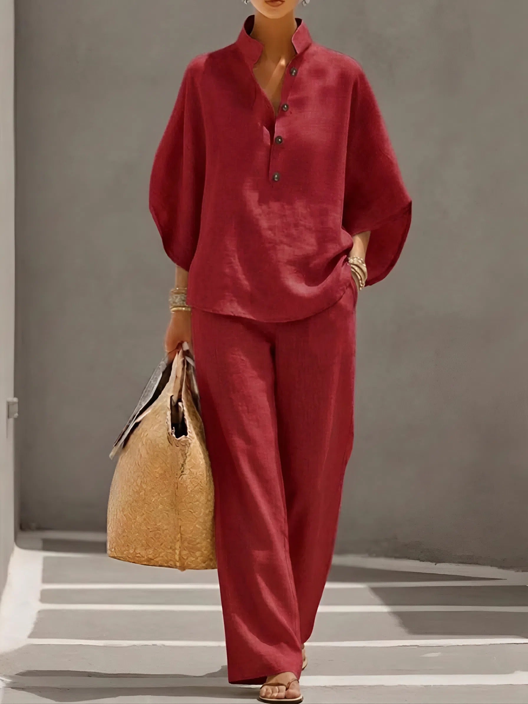 Cotton Linen Two Piece Set with Button Top and Loose Pants