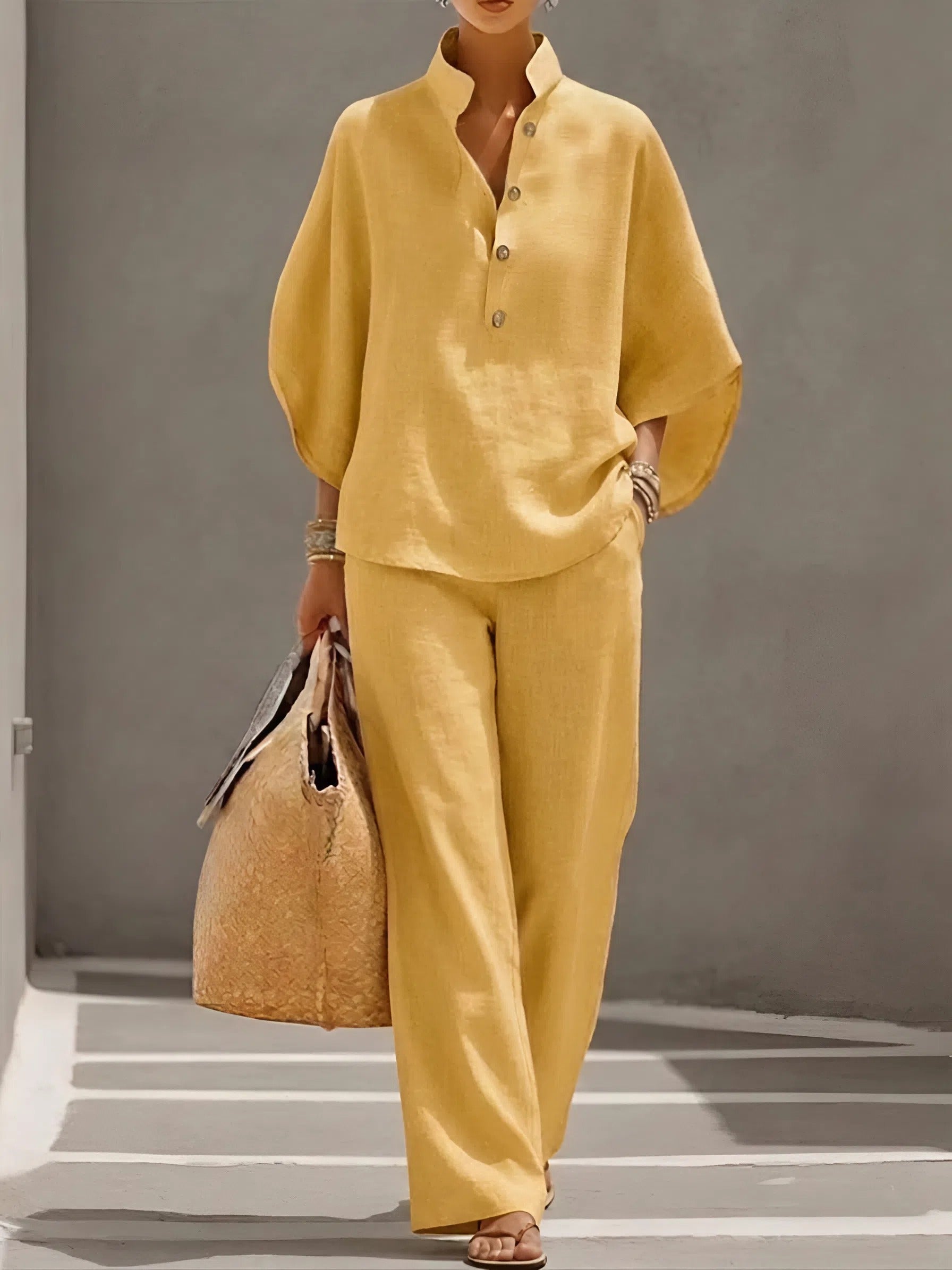 Cotton Linen Two Piece Set with Button Top and Loose Pants