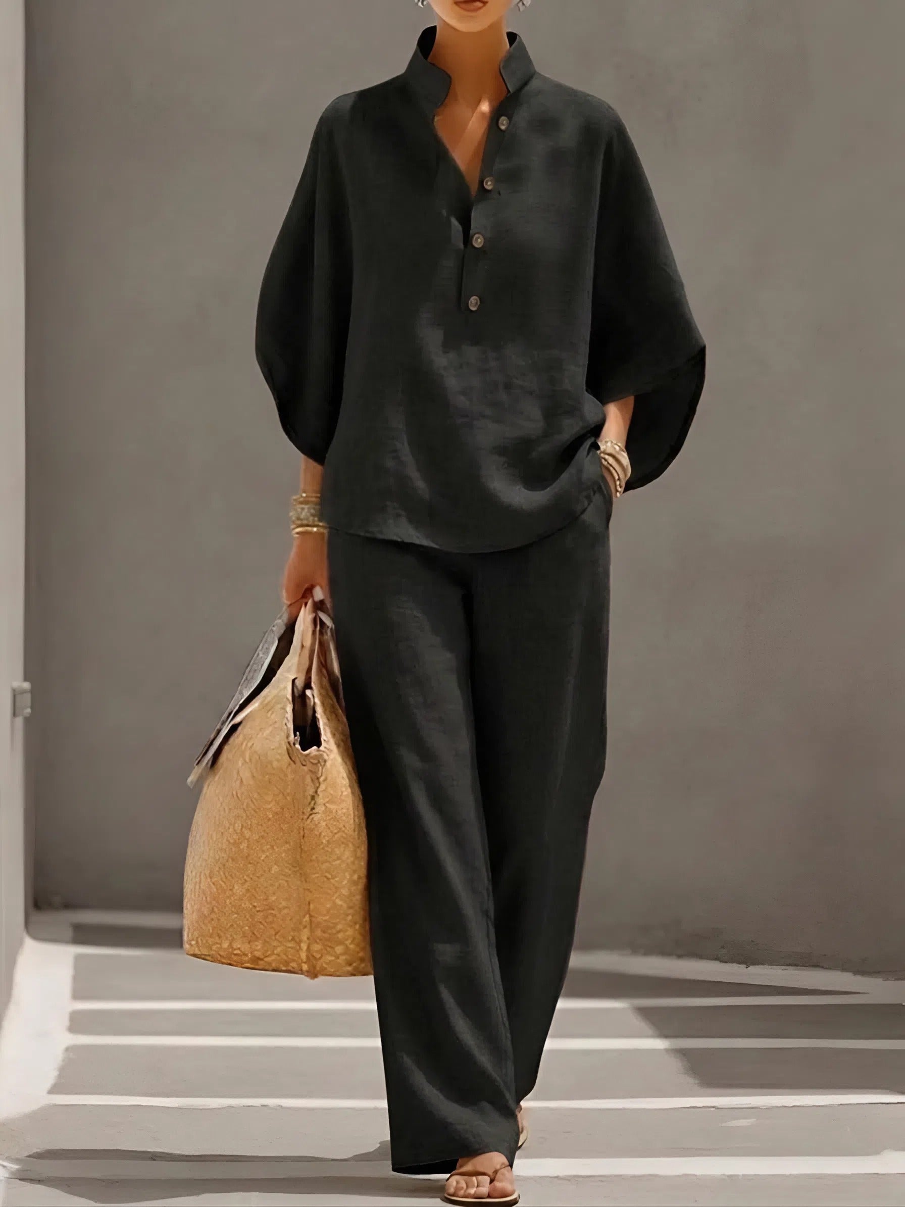 Cotton Linen Two Piece Set with Button Top and Loose Pants