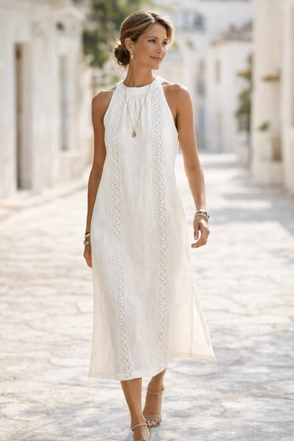 Linen Midi Dress Lightweight Breathable Easy Fit Women Summer Wear