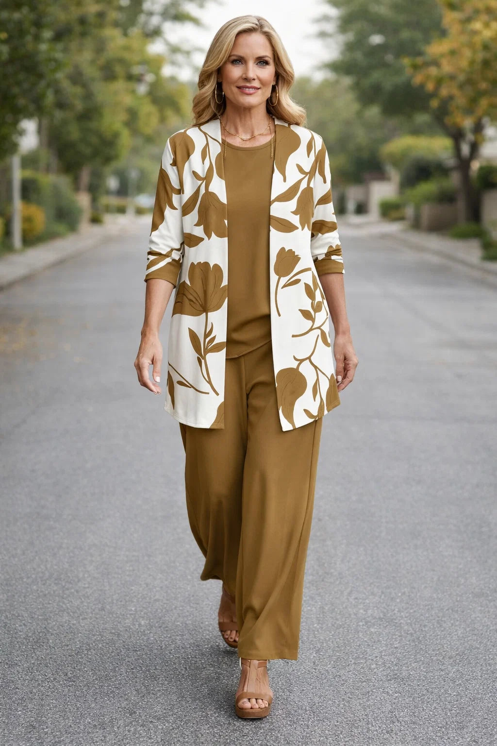 Women’s Floral Cardigan Set Soft Fabric Wide Leg Pants Elegant Fit