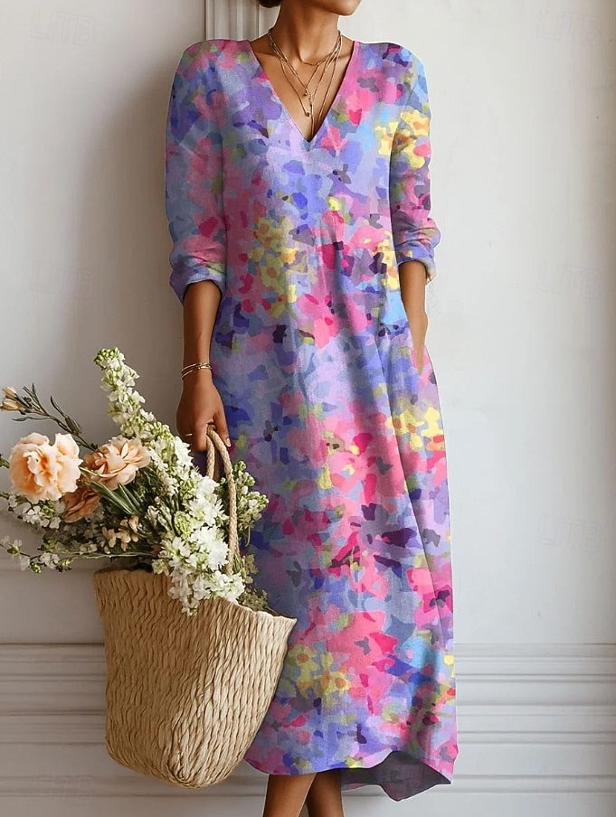 Women’s Floral Maxi Dress V Neck Relaxed A Line Fit With Pockets