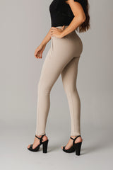 High-waisted pants - faux leather detail beige