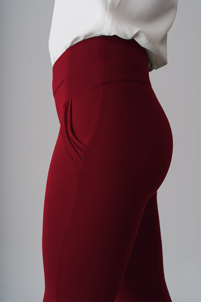 Burgundy pull-on ponte pants with pockets