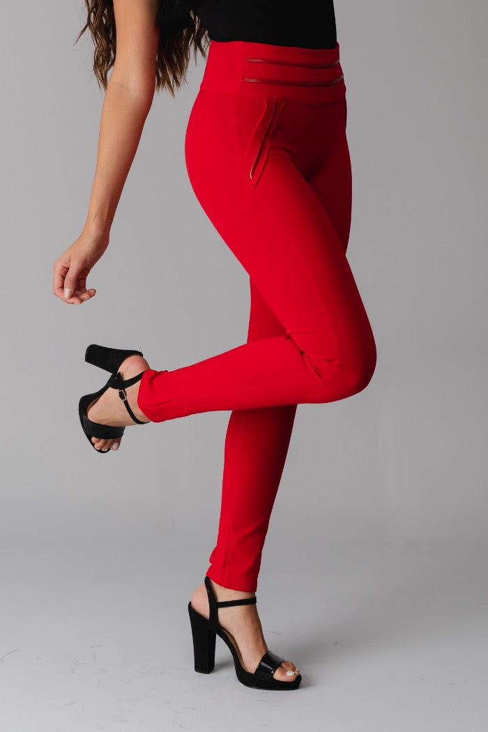 High-waisted red pants - faux leather detail