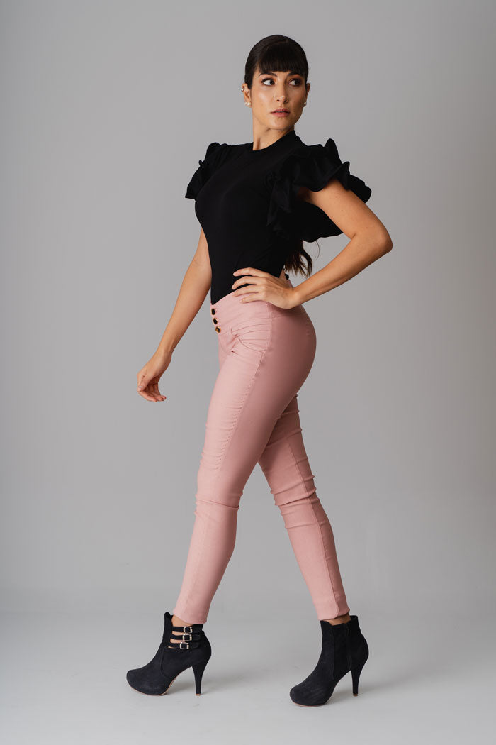 skinny trousers with gold bottoms in dusty rose