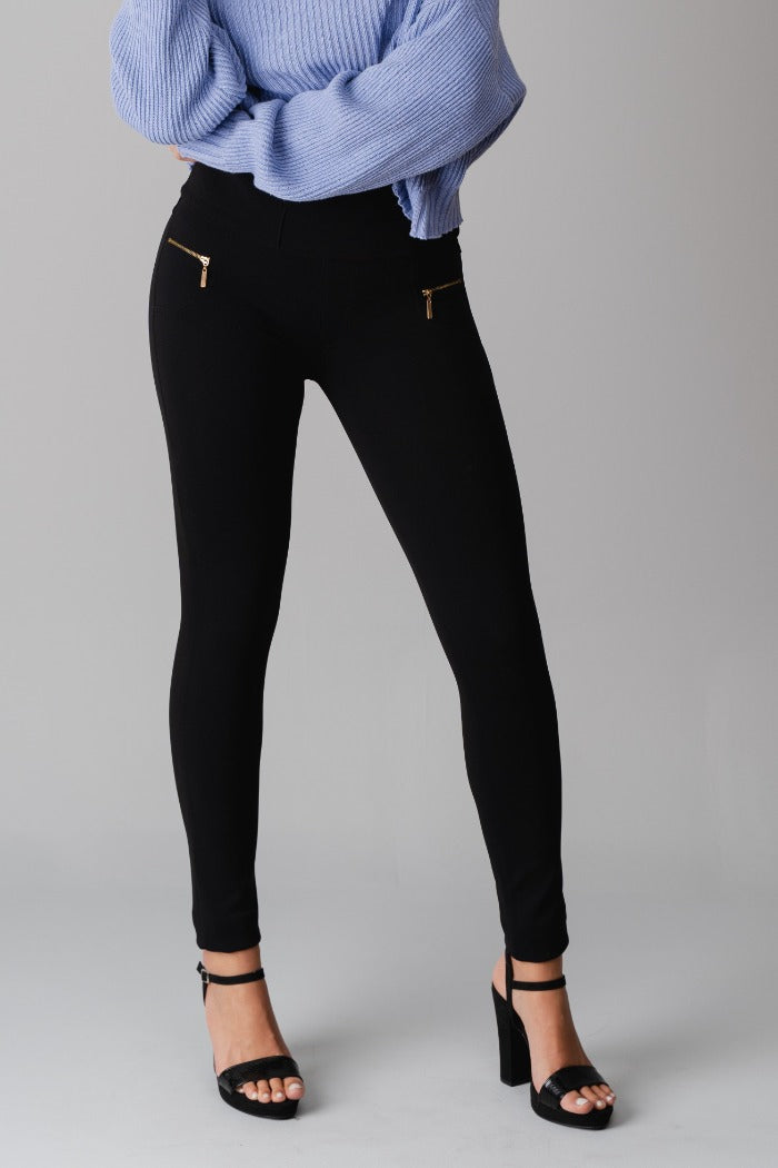 Skinny Black high waisted pull-on trousers - gold zipper