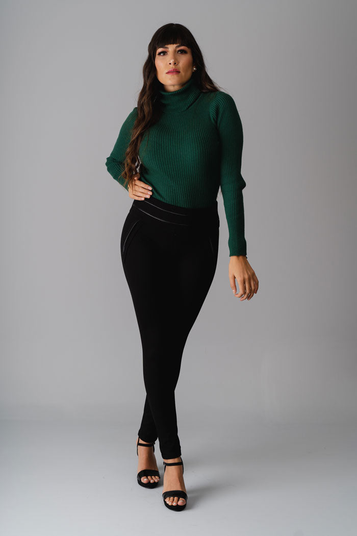 Black high waisted pull-on trousers - faux leather detail