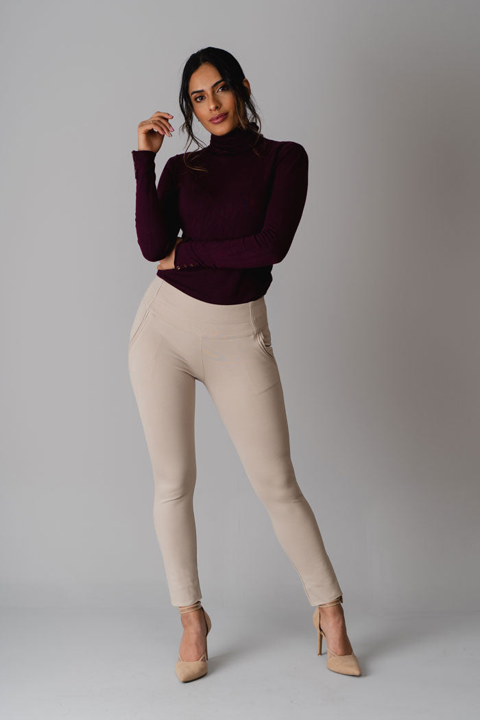 Skinny high waisted pull-on trousers with pockets in beige